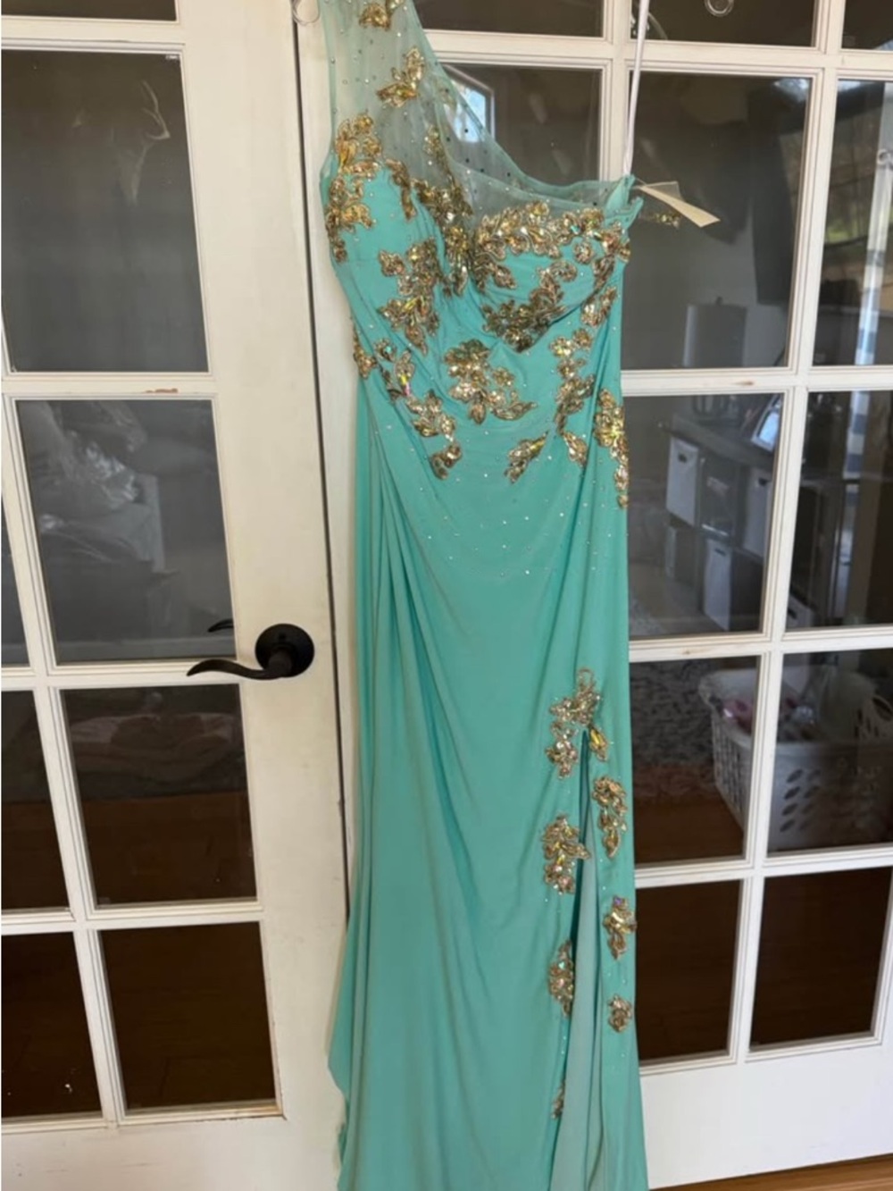 Aqua One-Shoulder Prom Dress with Gold Embellishment